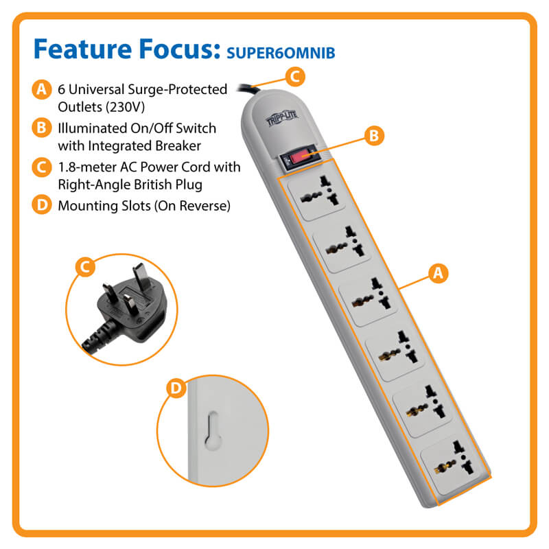 TRIPP-LITE 6-Universal Outlet Surge Protector British Plug (SUPER6OMNIB ...